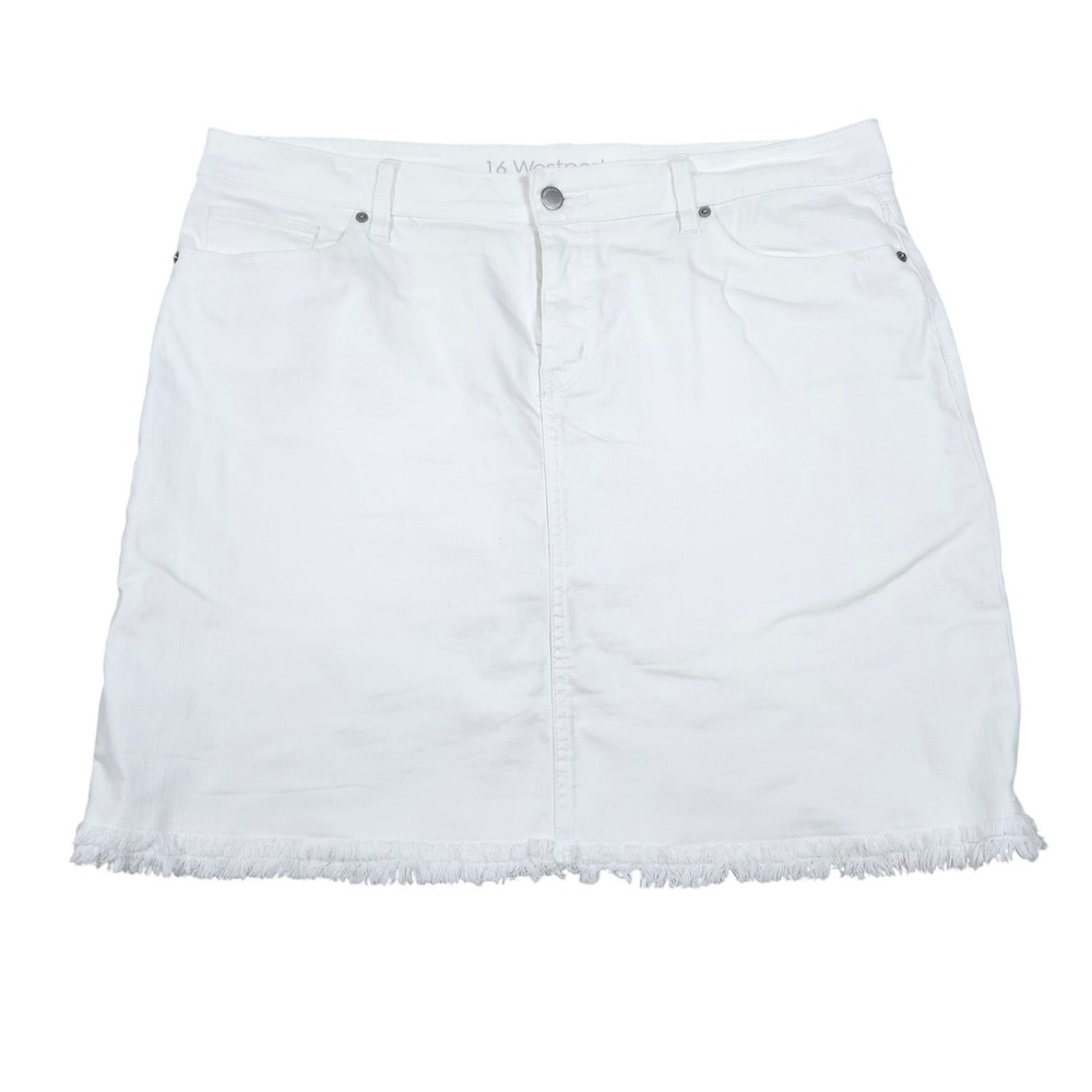 Westport Womens Plus 16 White Denim Mini Skirt Raw Frayed Hem Stretch Cotton